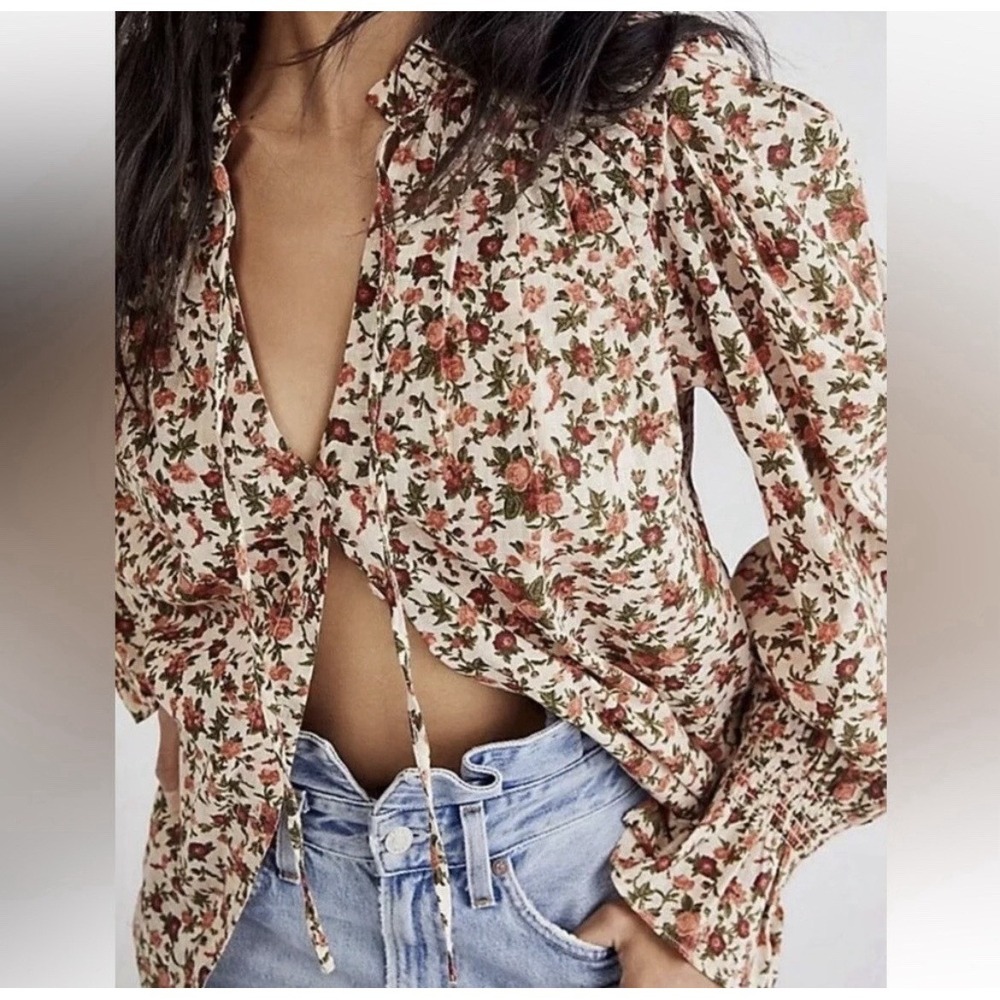 Free People Puff Sleeve Button Front Blouse Womens Medium Floral Cottagecore - Picture 4 of 14